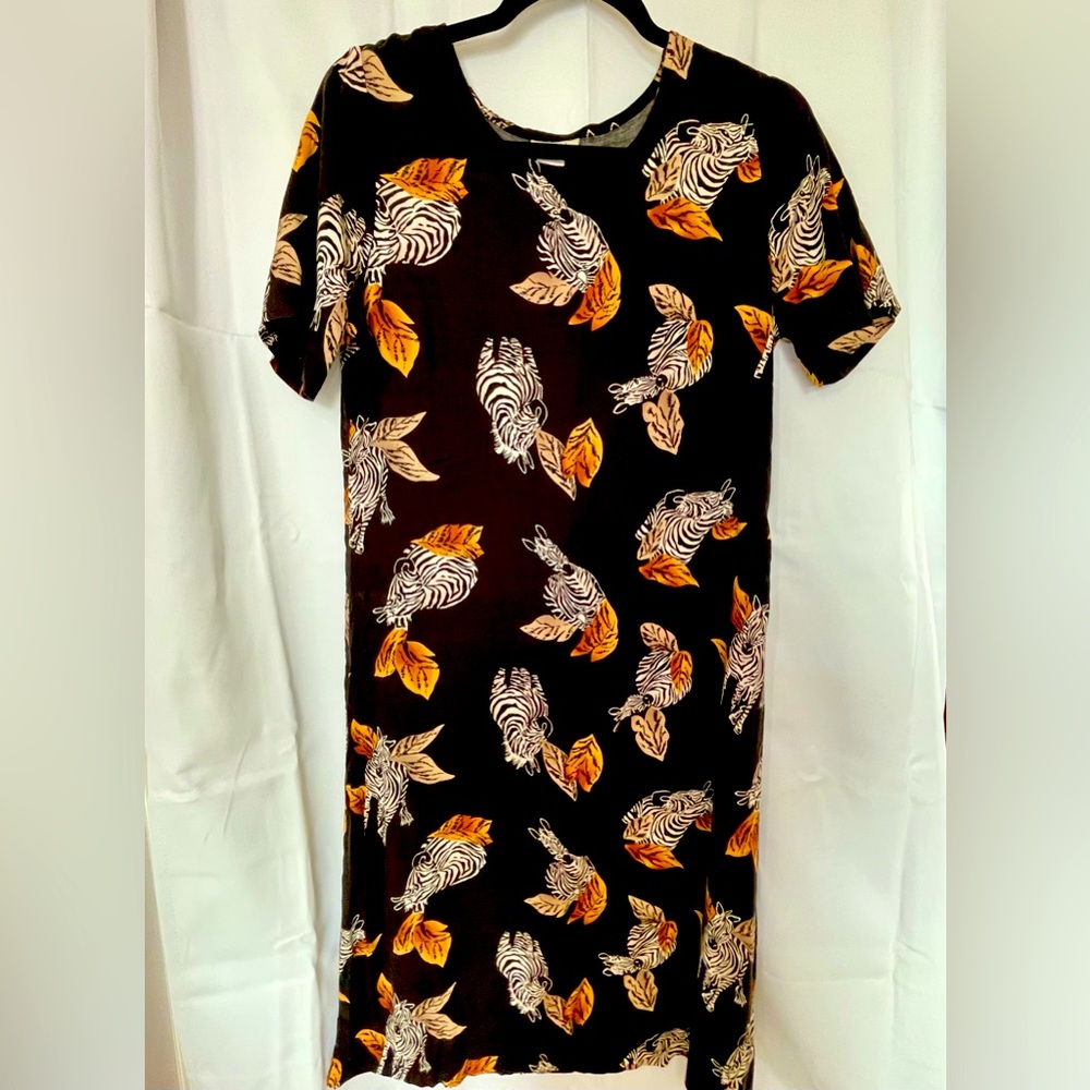 Vintage Black Dress Zebra and Leaf Print Medium